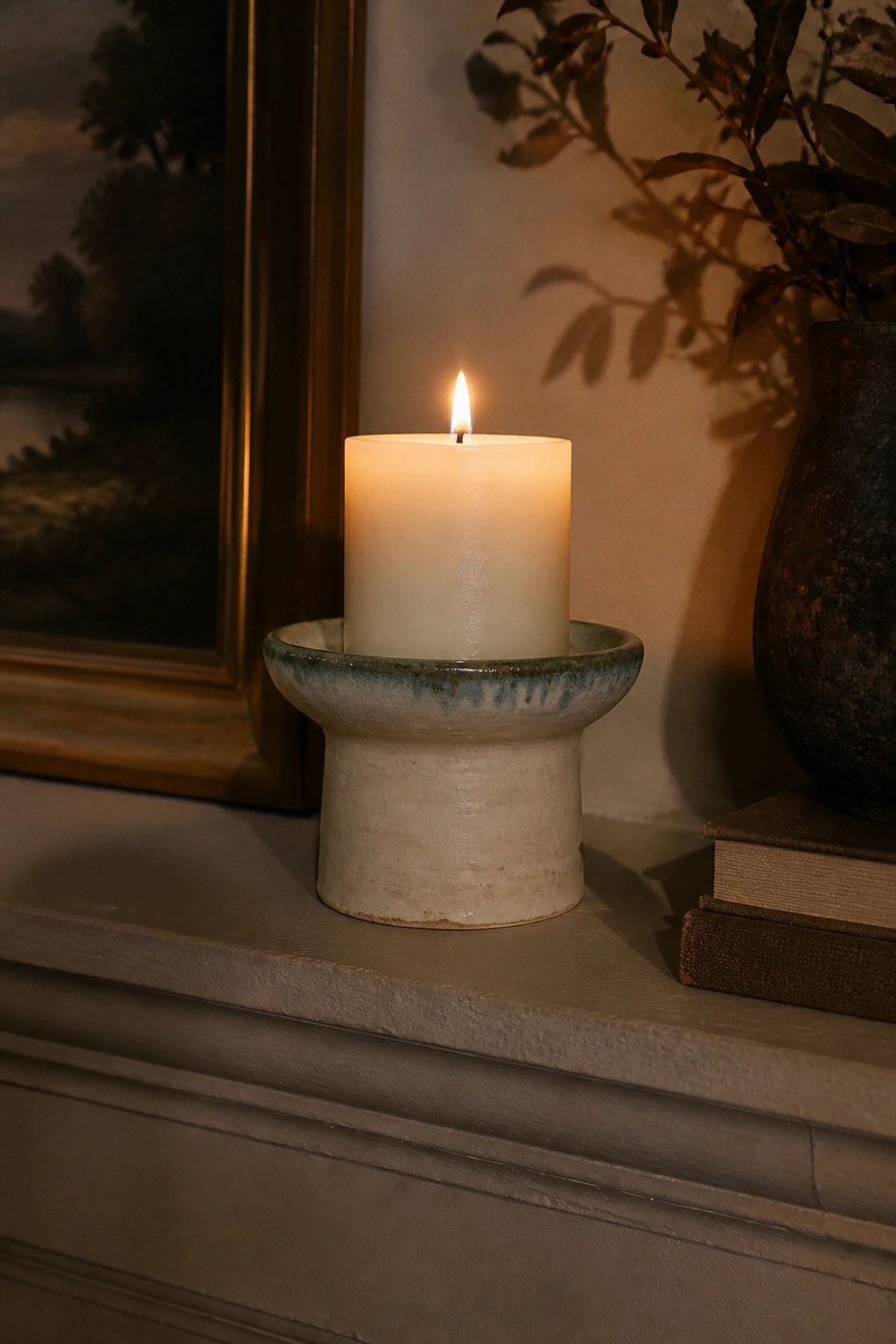 Lit candle in ceramic holder on mantel near painting, vase and books