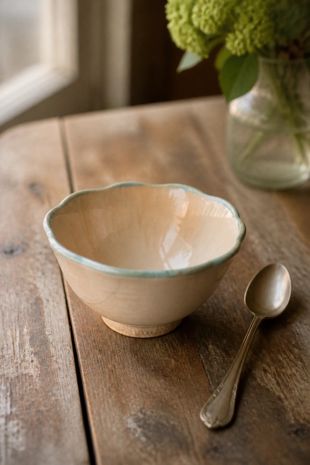 Beige scalloped bowl with blue rim beside spoon on wooden table with flowers