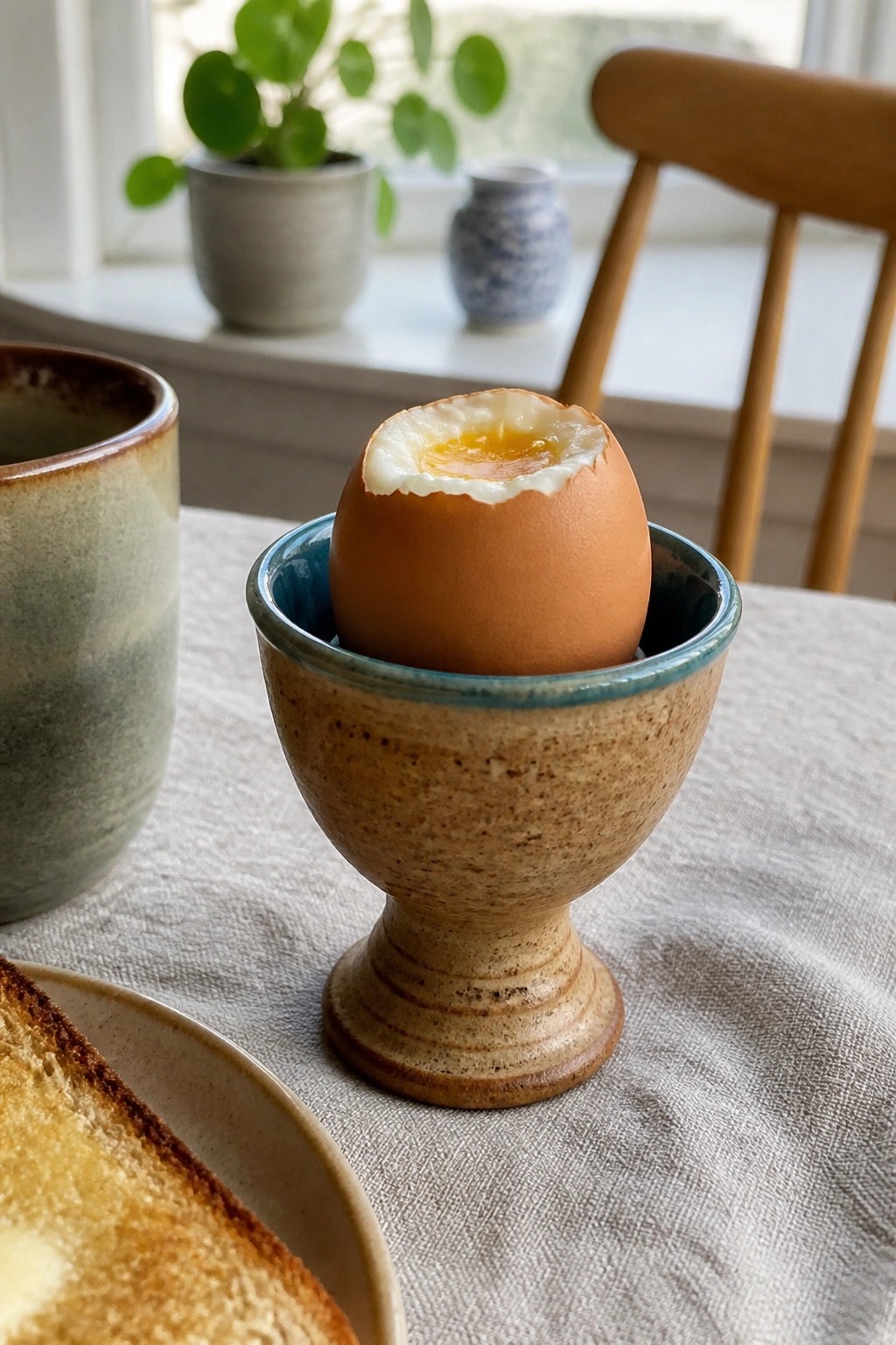 Soft-boiled egg in speckled cup beside buttered toast on linen tablecloth