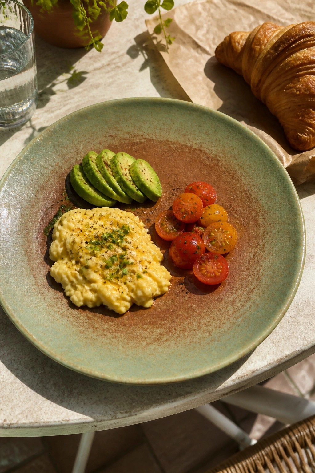 Green plate with scrambled eggs, avocado slices, and cherry tomatoes beside croissant