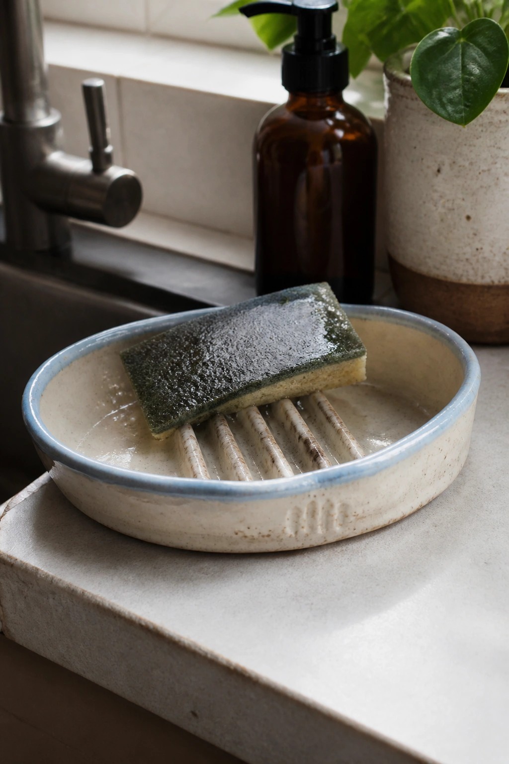 Wet green sponge in ridged ceramic dish beside amber soap bottle