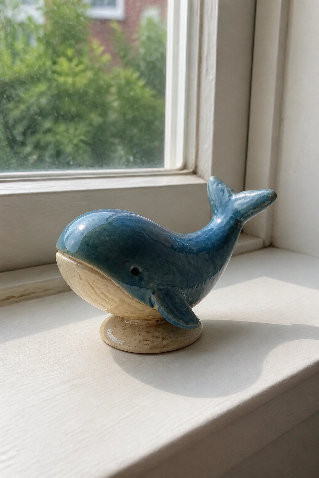 Blue ceramic whale figurine on a white windowsill by a window.