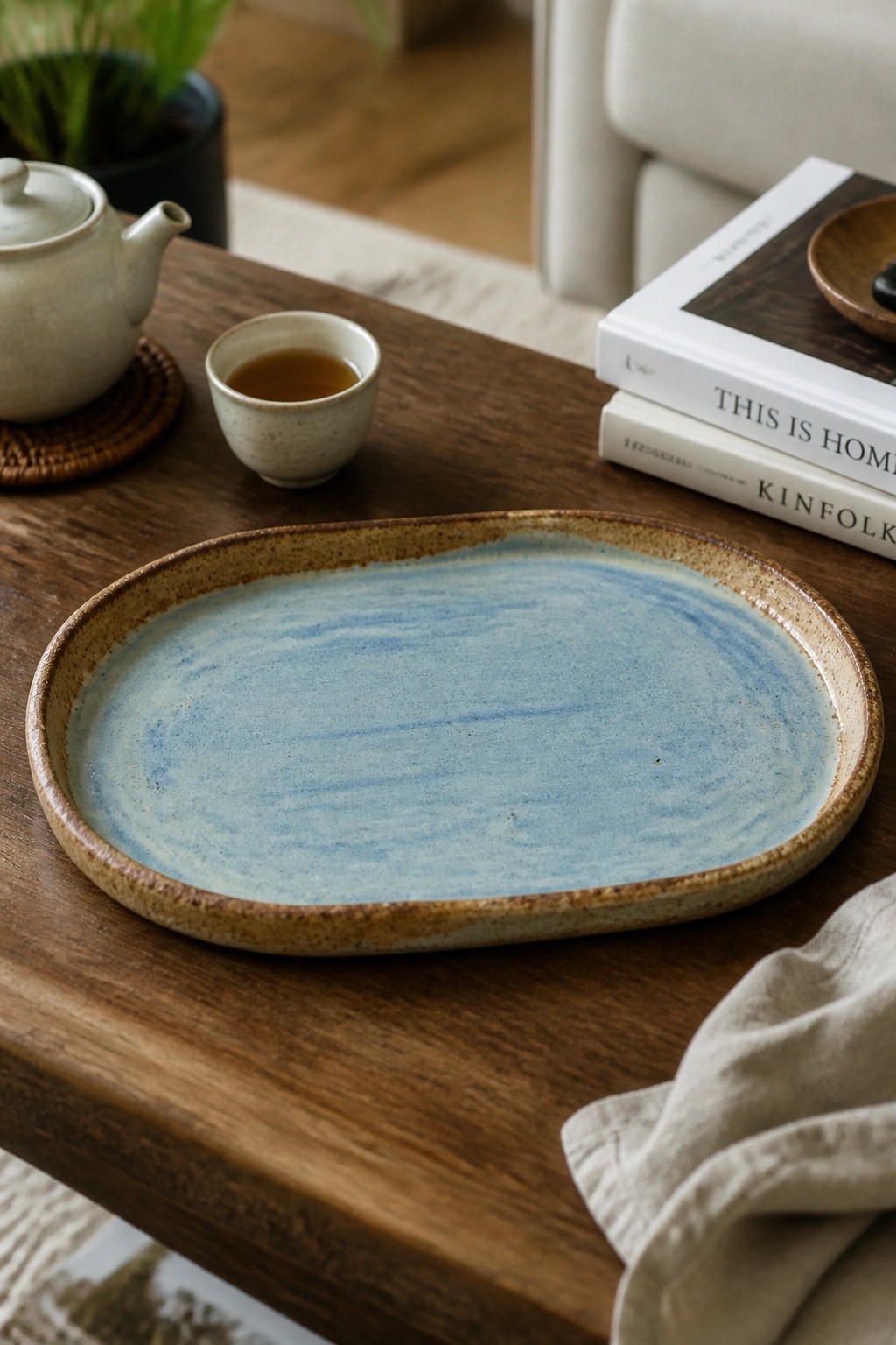 Blue ceramic platter on wooden table with teacup, teapot and books