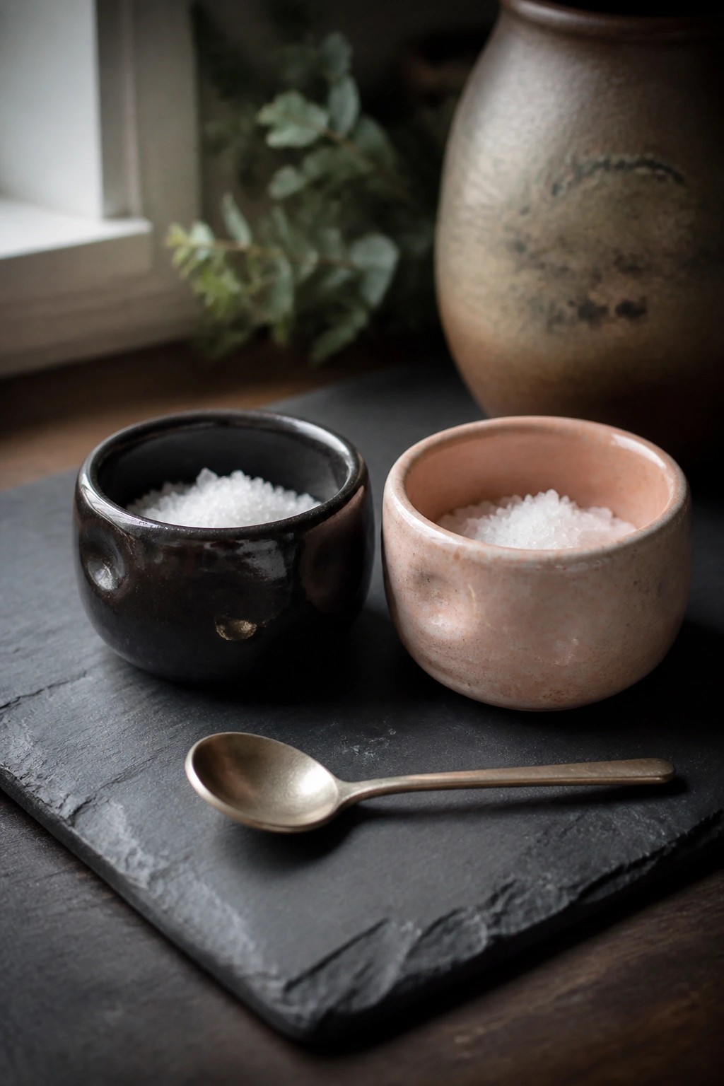 Two ceramic bowls of salt with bronze spoon on dark slate tray