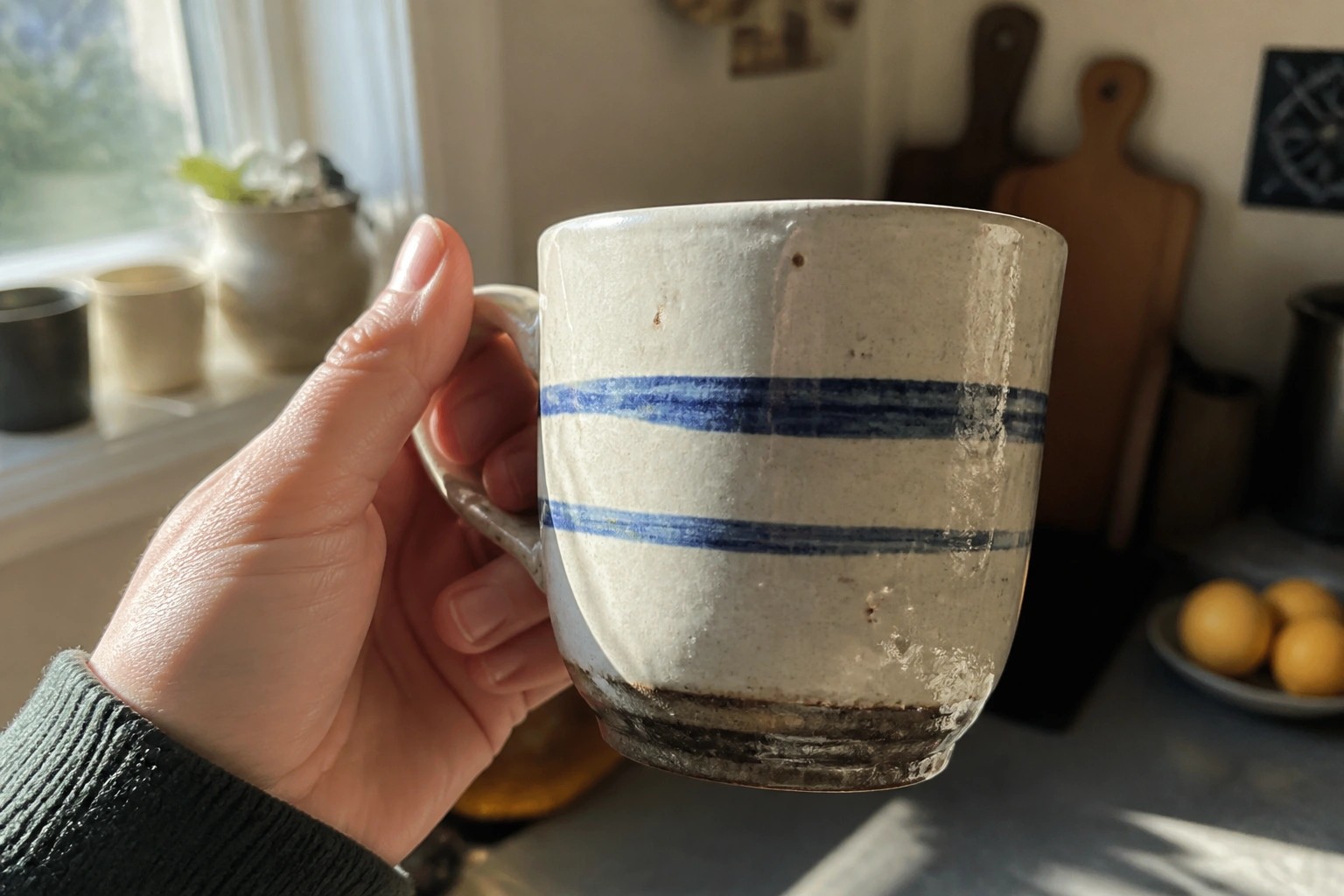 Hand holding white ceramic mug with blue stripes in sunlit kitchen scene