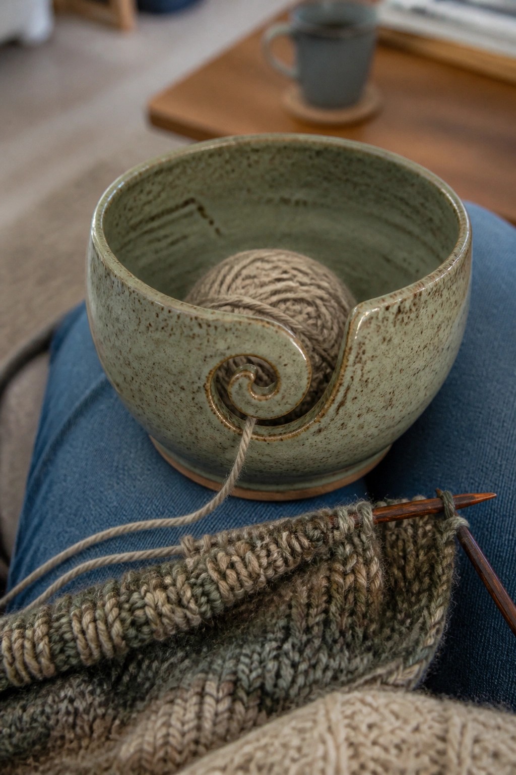 A green speckled ceramic yarn bowl with a spiral notch holds a ball of beige yarn on a lap next to knitting needles and fabric.