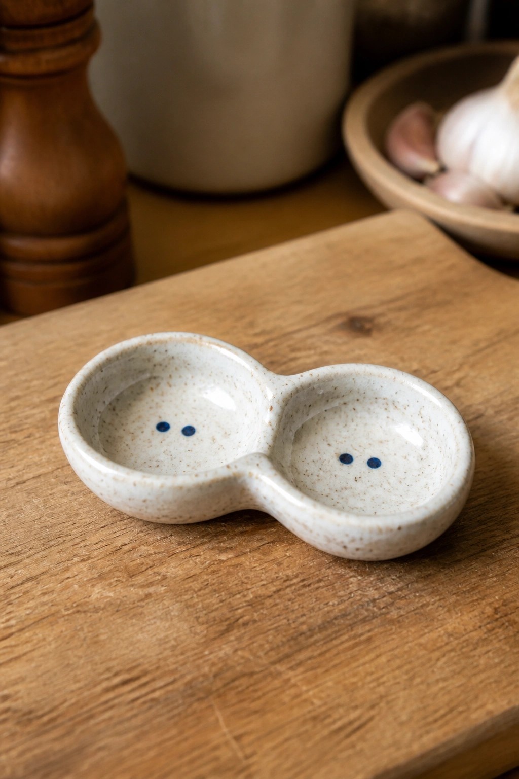 Speckled ceramic double bowl with blue eyes on wooden surface