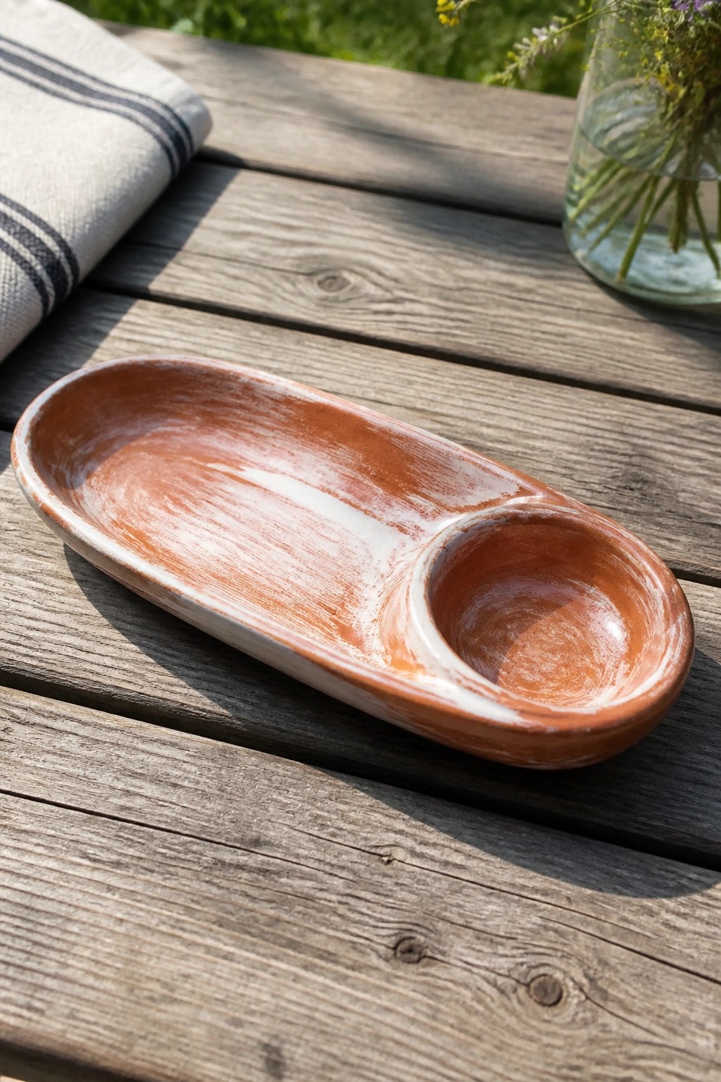 Rustic terracotta two-section dish on wooden table beside striped cloth and flower jar