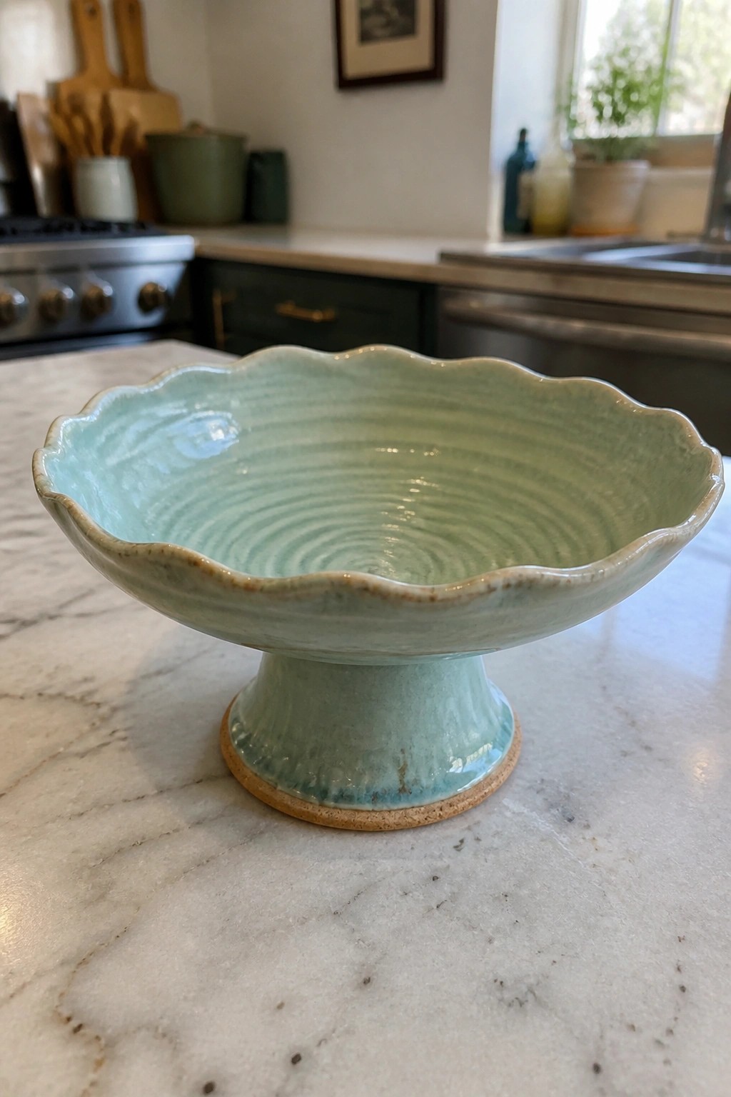 Light green scalloped ceramic pedestal bowl on marble kitchen counter