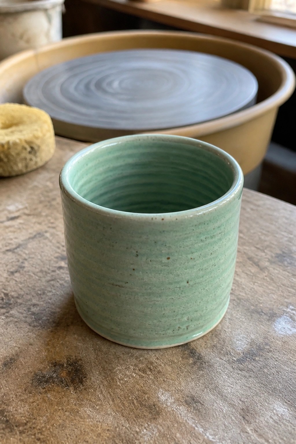 Light green ridged ceramic cup on wooden table beside yellow sponge and bowl