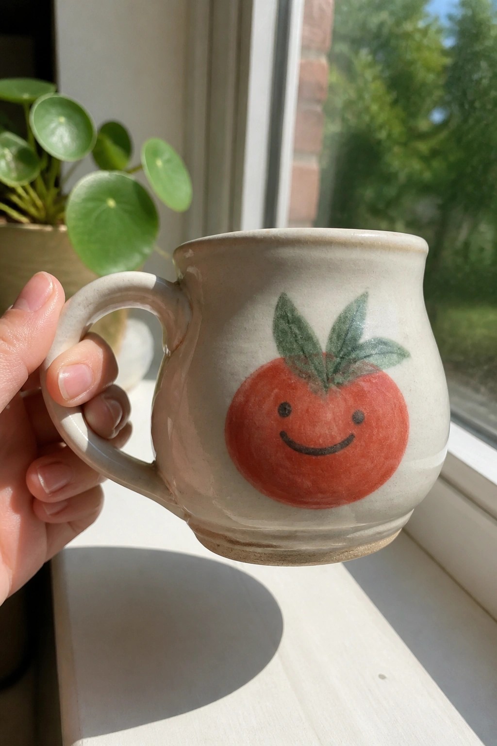 Hand holding beige ceramic mug with smiling red tomato near window and plant