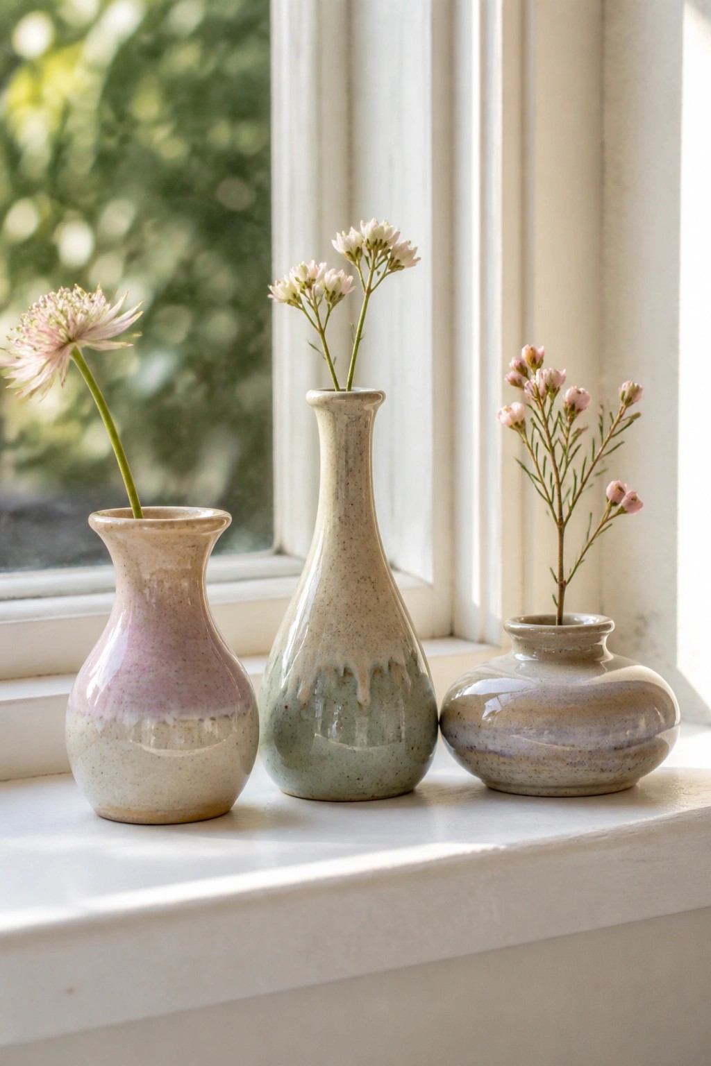 Three ceramic vases with pink flowers on a bright windowsill