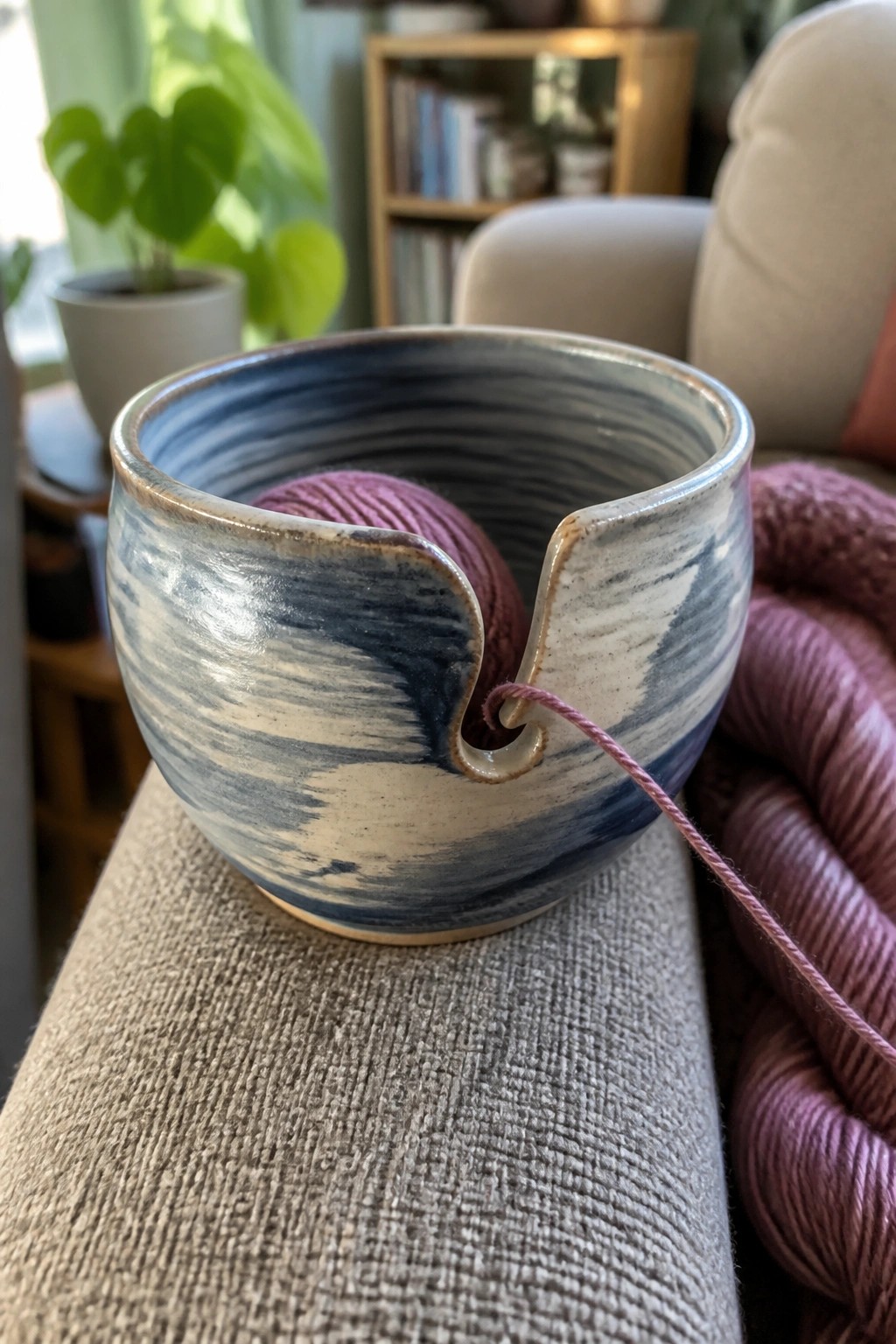 Blue marbled ceramic yarn bowl with purple yarn on textured fabric.