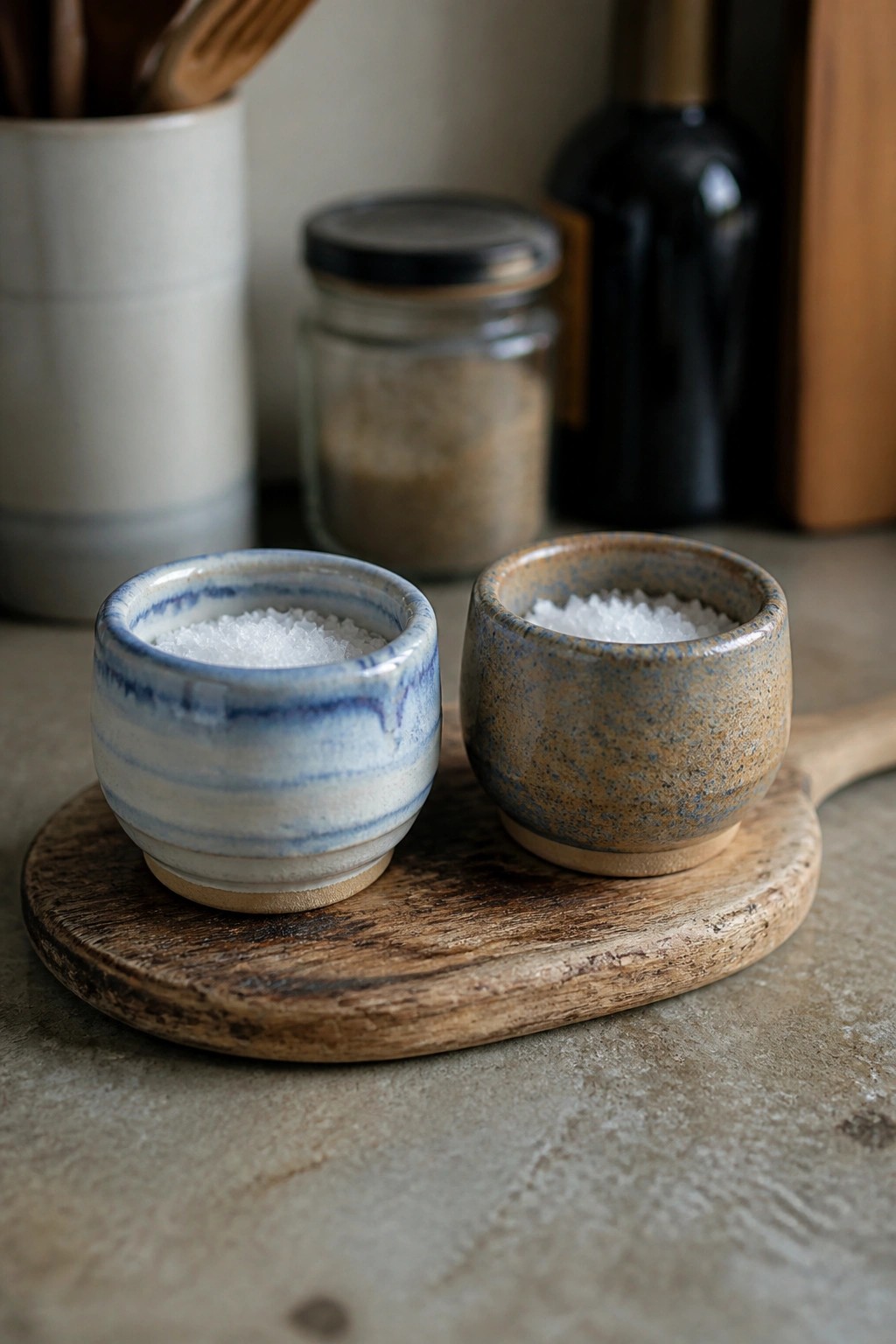 Two ceramic bowls of salt on rustic wooden board in kitchen