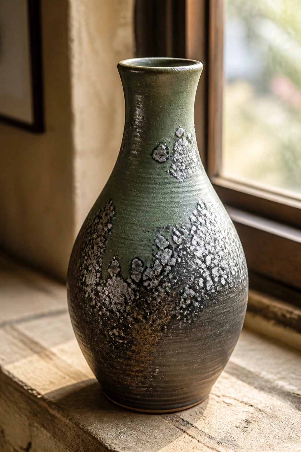Green ceramic vase with speckled dark glaze on wooden windowsill by window