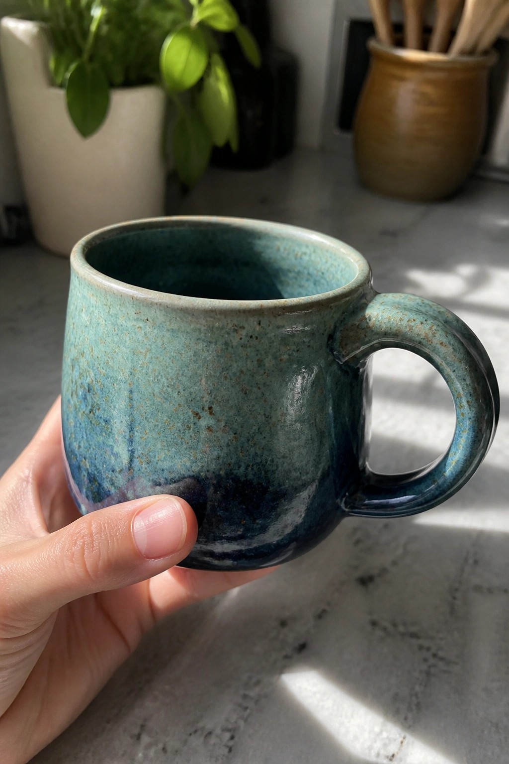 A hand holds a ceramic mug with layered blue-green speckled glaze in a kitchen setting.