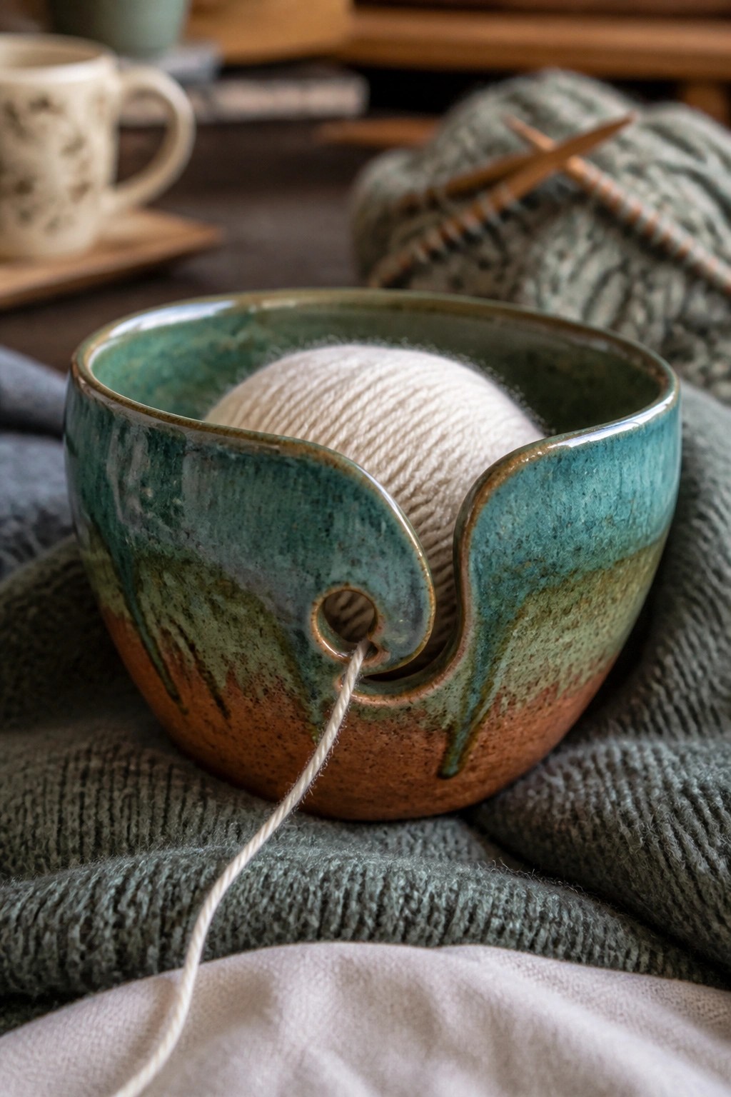 Teal ceramic yarn bowl with white yarn on green knitted fabric and supplies nearby