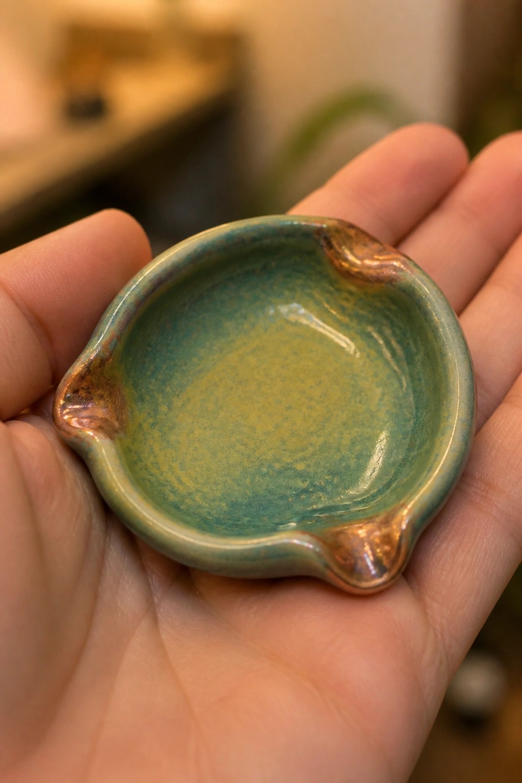 Hand holding a small ceramic bowl glazed in turquoise, green, and copper.