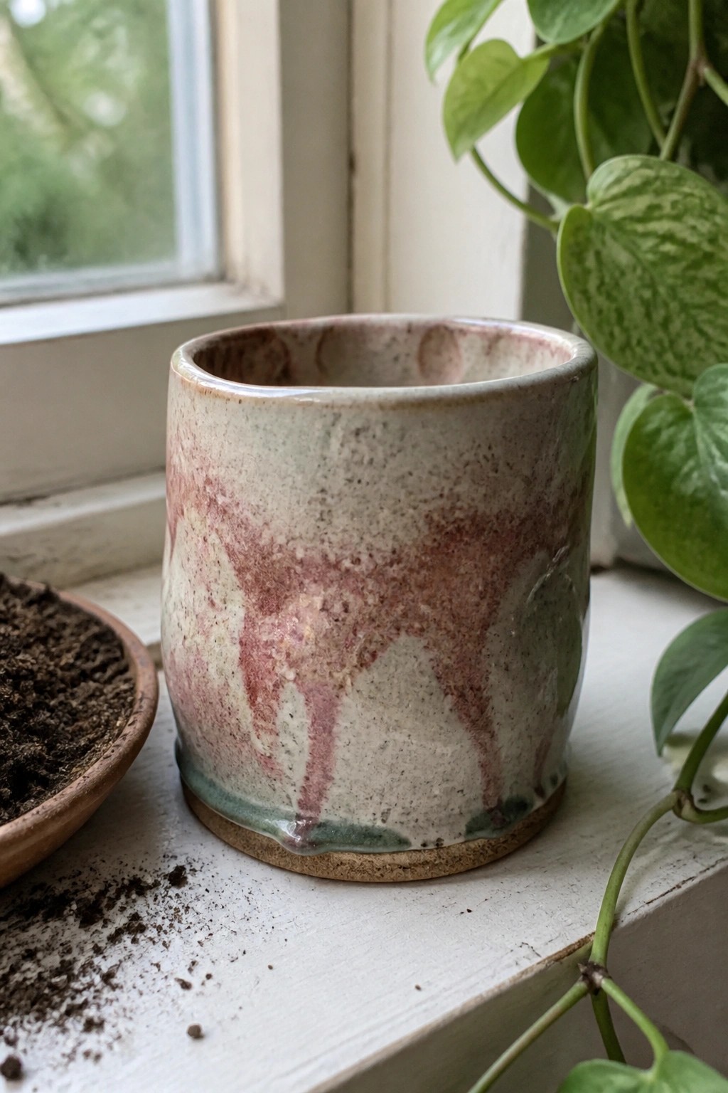Speckled ceramic cup with pink glaze on white windowsill beside green plant and soil dish