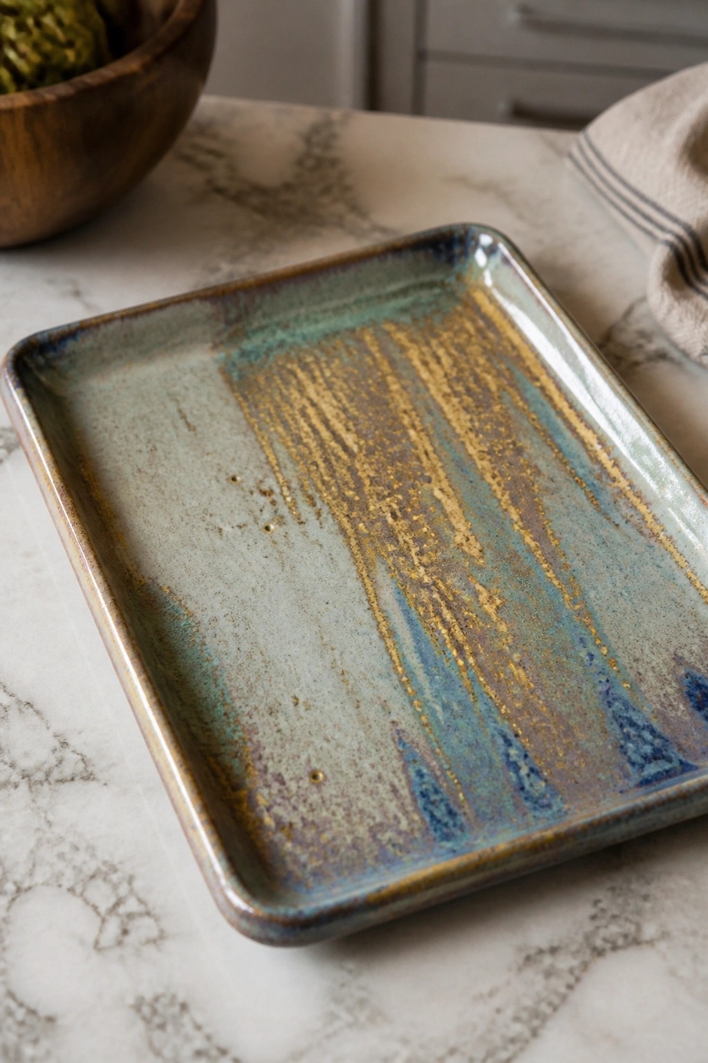 Colorful glazed ceramic tray with blue, green, and gold streaks on marble.