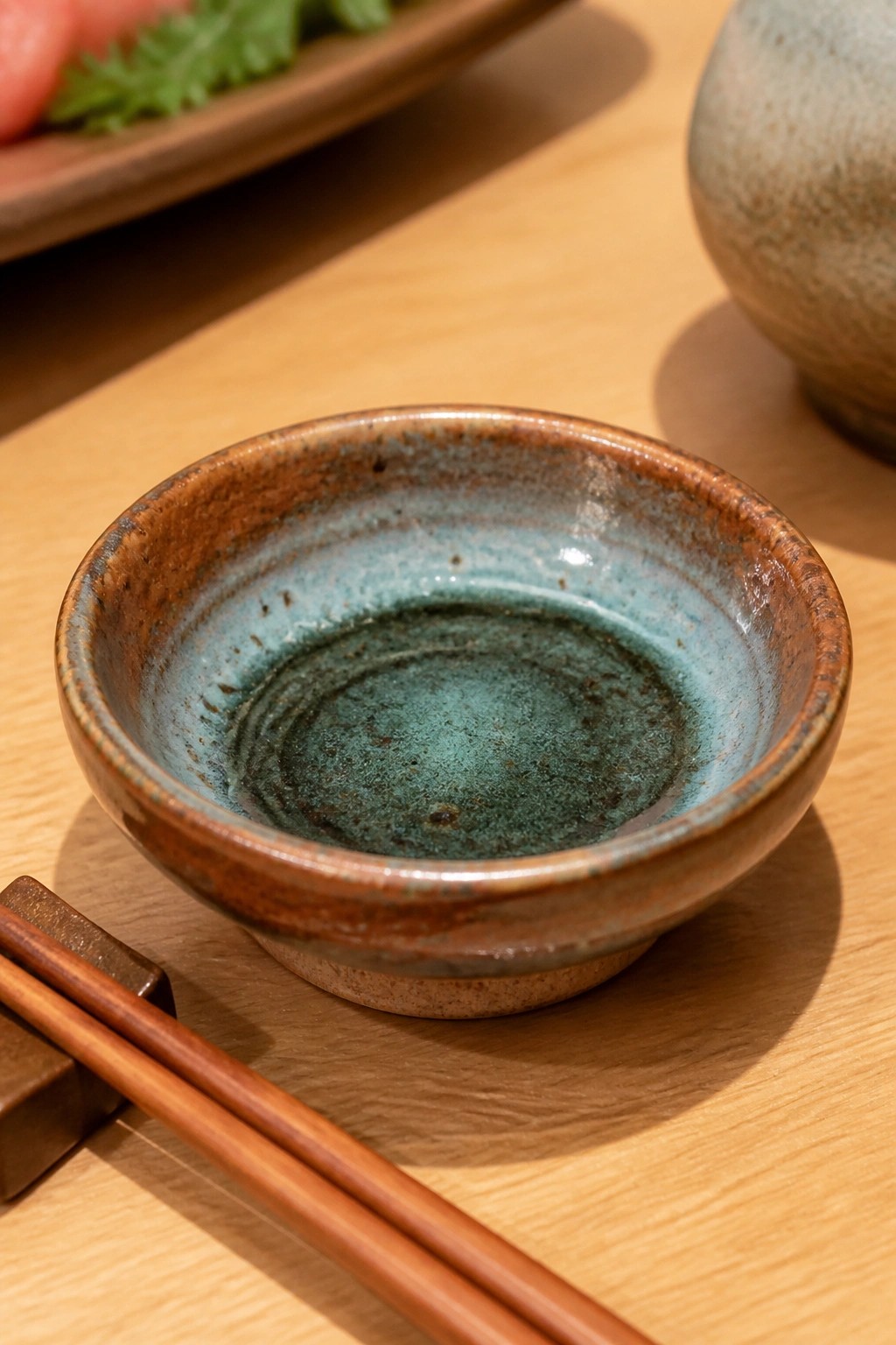 Small turquoise ceramic bowl with brown rim and wooden chopsticks on table