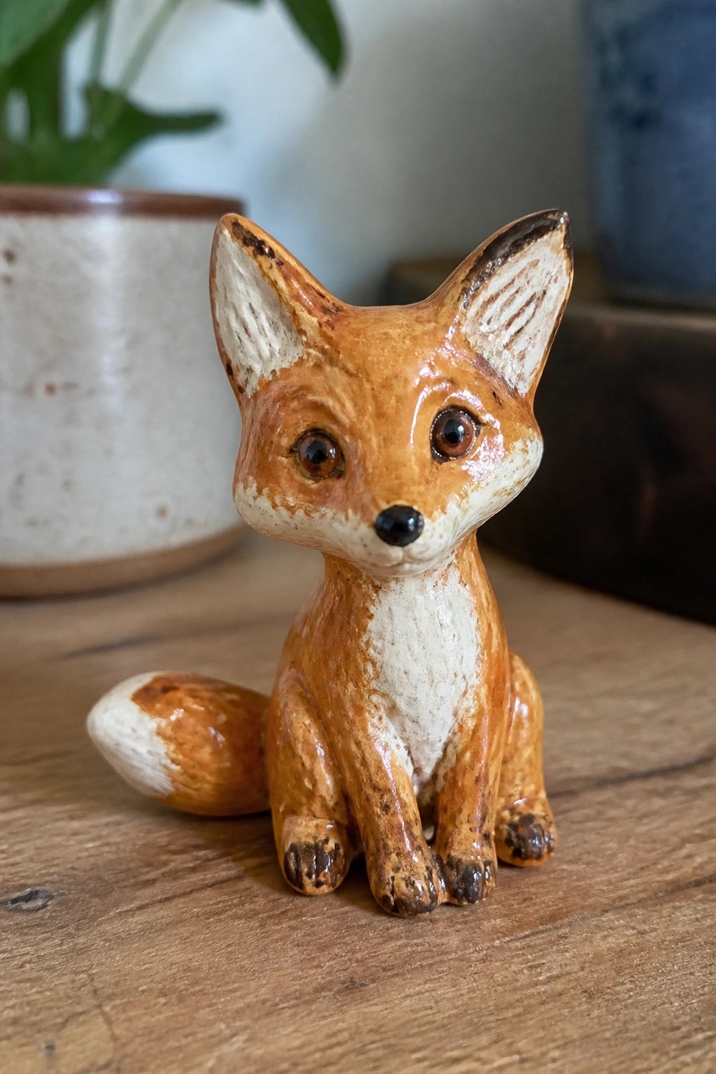 Small orange ceramic fox figurine with white markings sitting on wooden table.