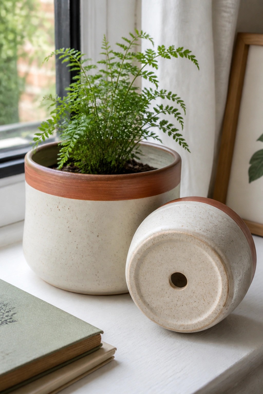 Ceramic pots with fern on windowsill beside green book and white curtain.