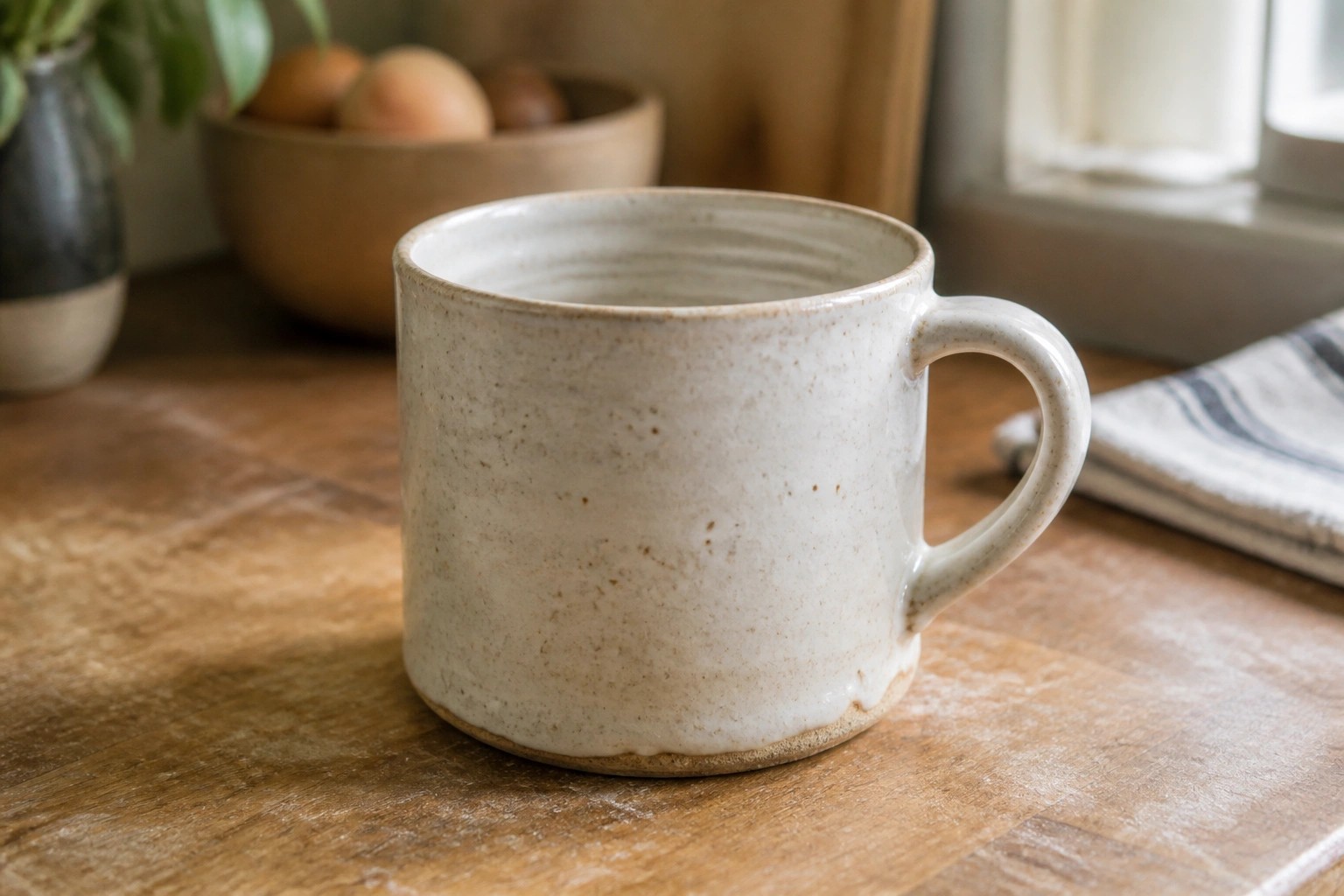 A plain off-white ceramic mug with a handle resting on a wooden surface.