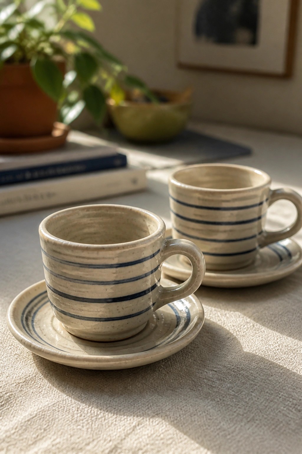 Two blue-striped ceramic cups with saucers on a sunlit table