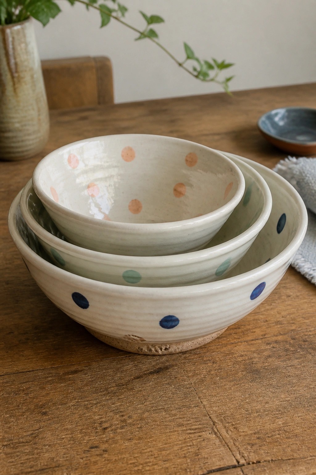 Three stacked ceramic bowls with peach, green, and blue polka dots on wooden table