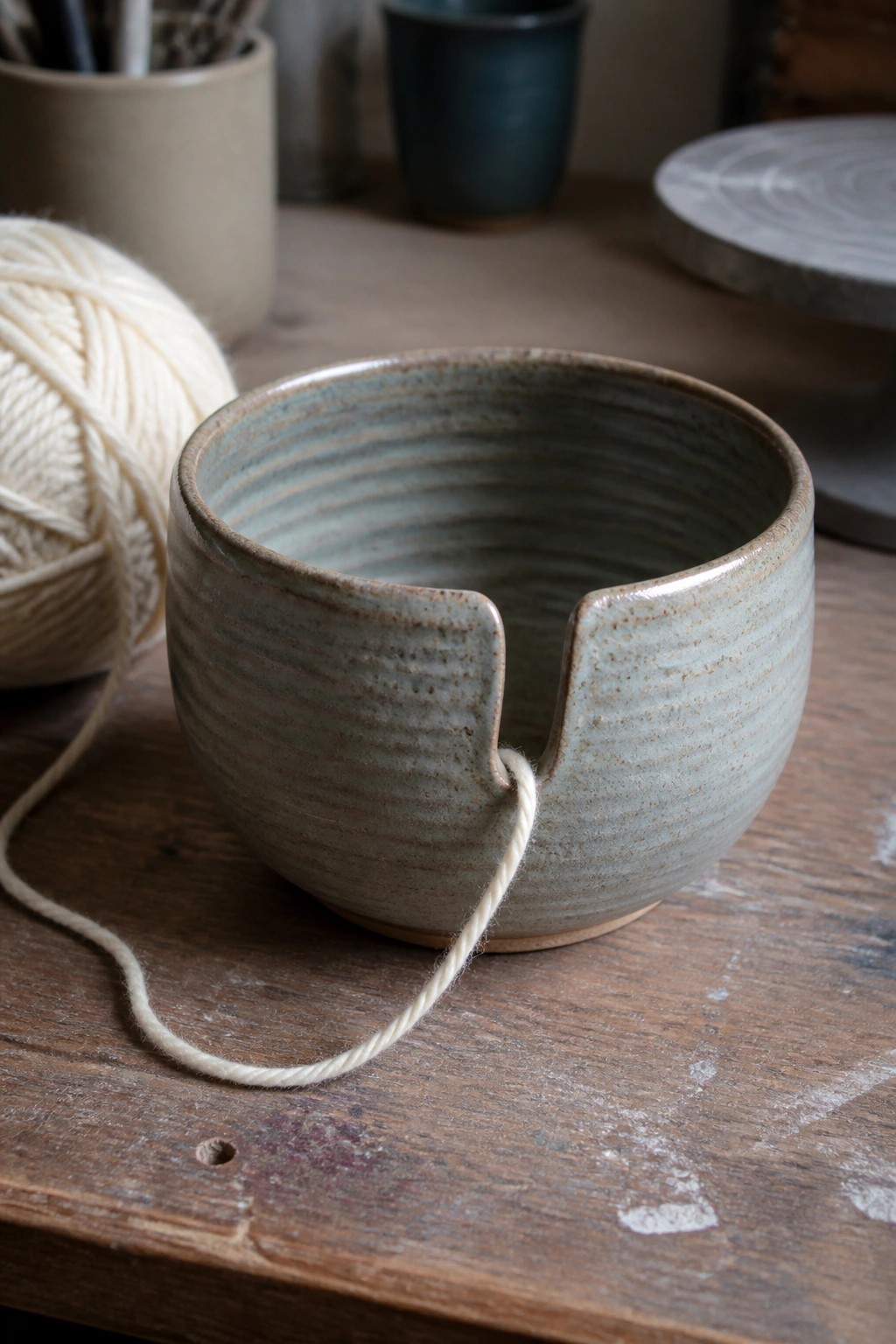 Ceramic yarn bowl with notch and white yarn strand on wooden table