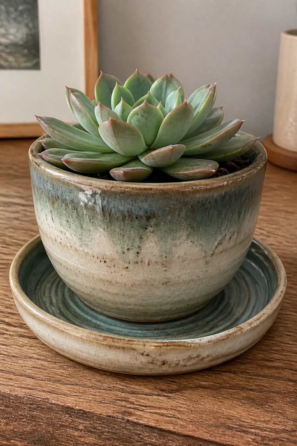 Green succulent in blue-green ceramic pot with saucer on wooden table