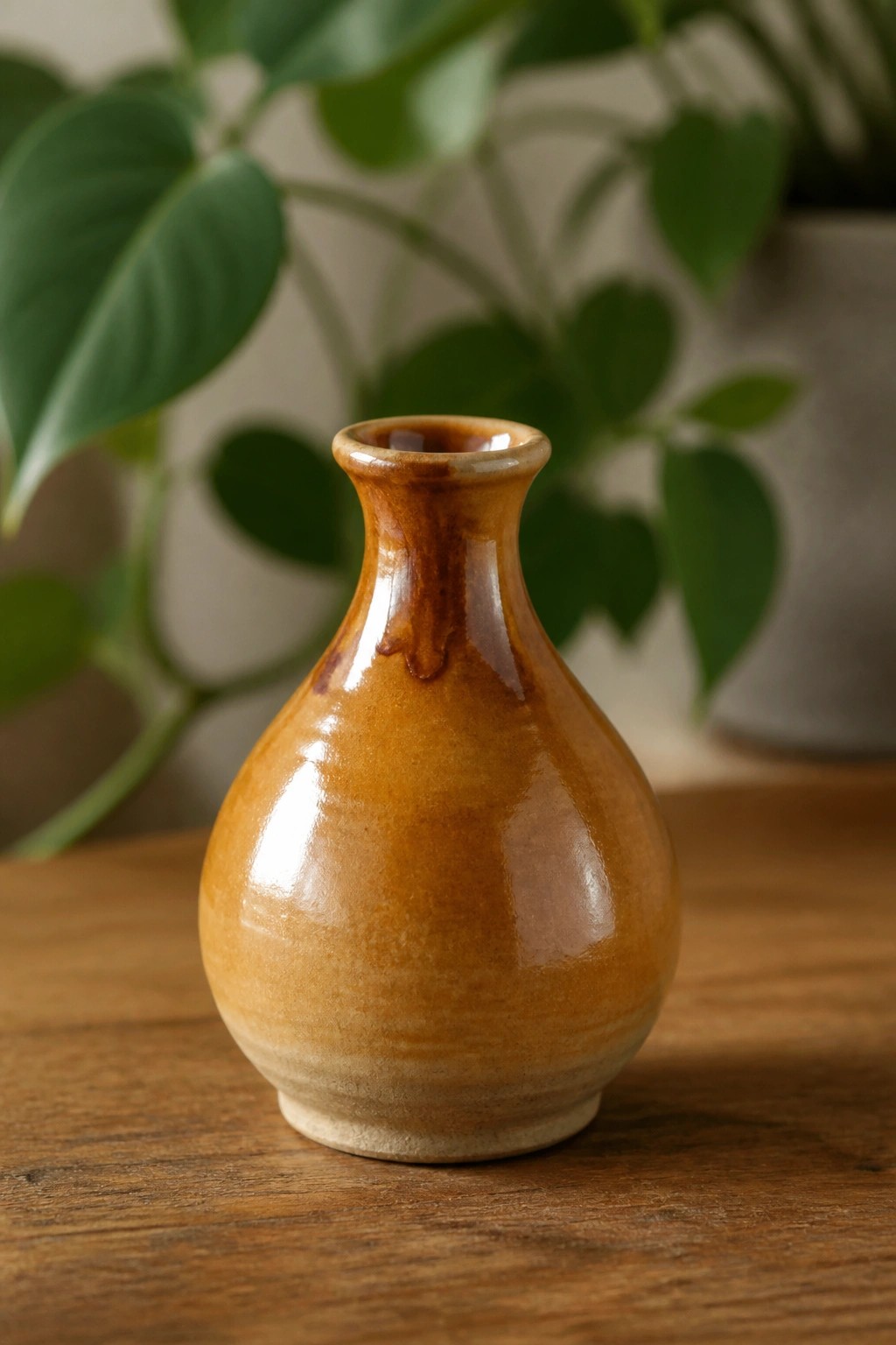 Small brown glazed ceramic vase on wooden table with green foliage background.