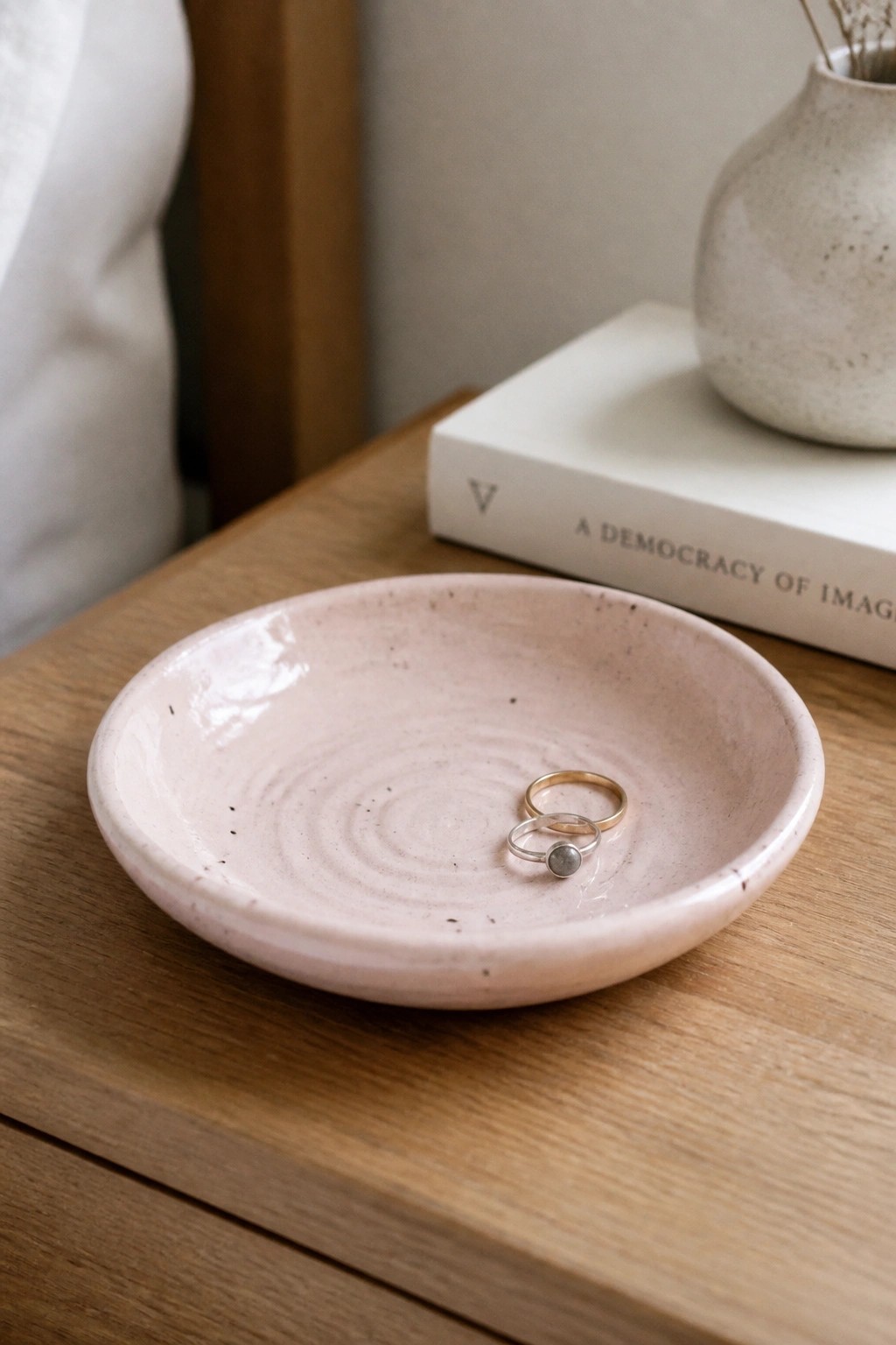 Two rings rest inside a pink speckled ceramic bowl on a wooden table.