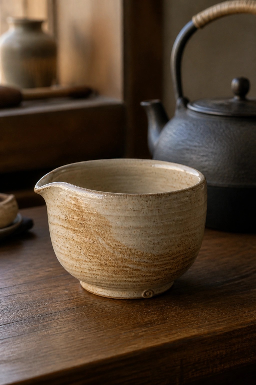 Rustic speckled ceramic bowl with spout beside black cast-iron teapot on wood