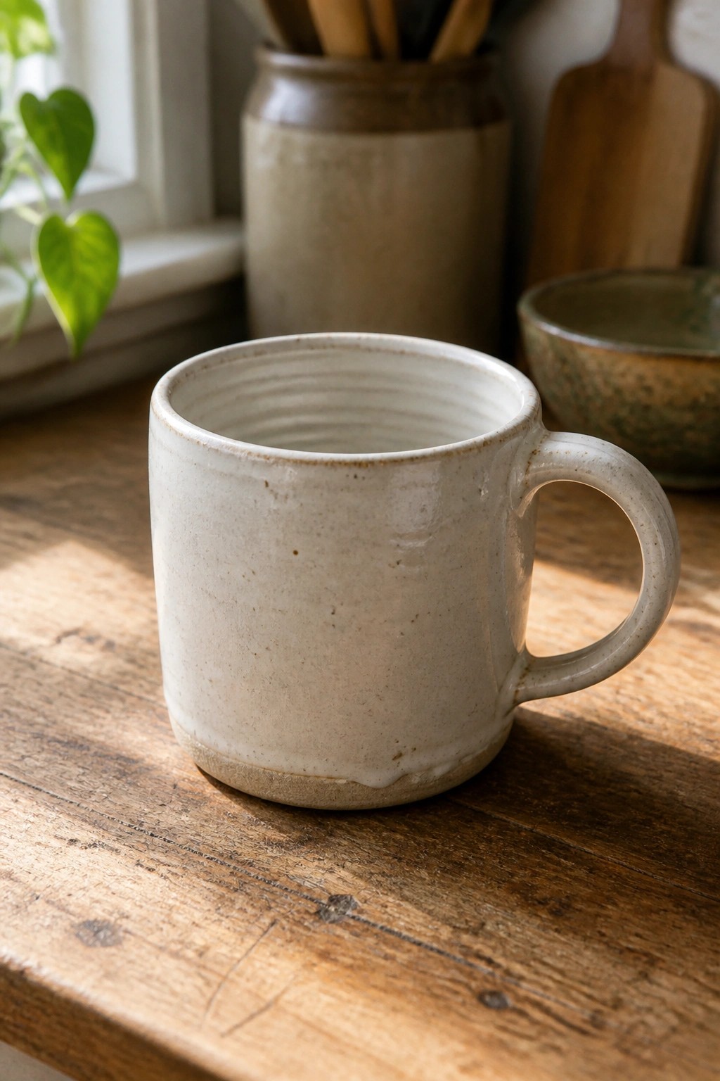 A plain off-white ceramic mug with a handle resting on a wooden surface.