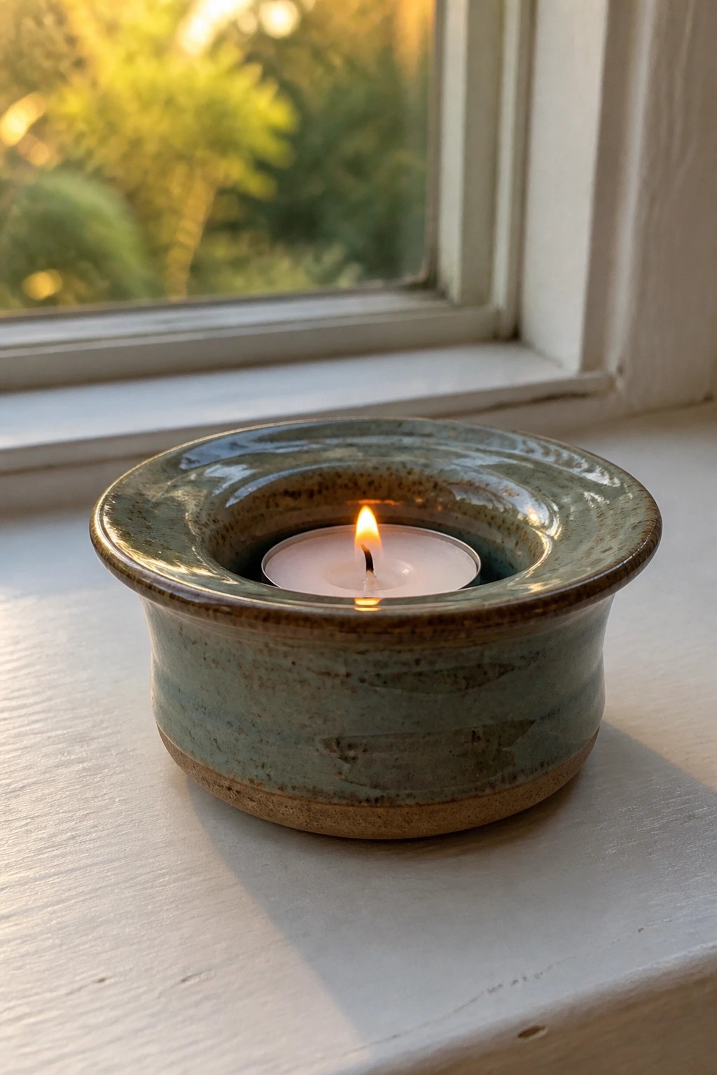 Lit candle in a speckled green ceramic holder on a sunlit windowsill