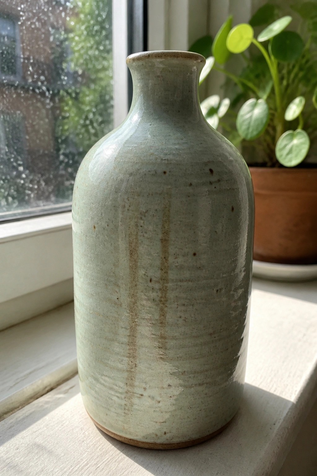 Pale green speckled ceramic bottle on windowsill beside leafy potted plant