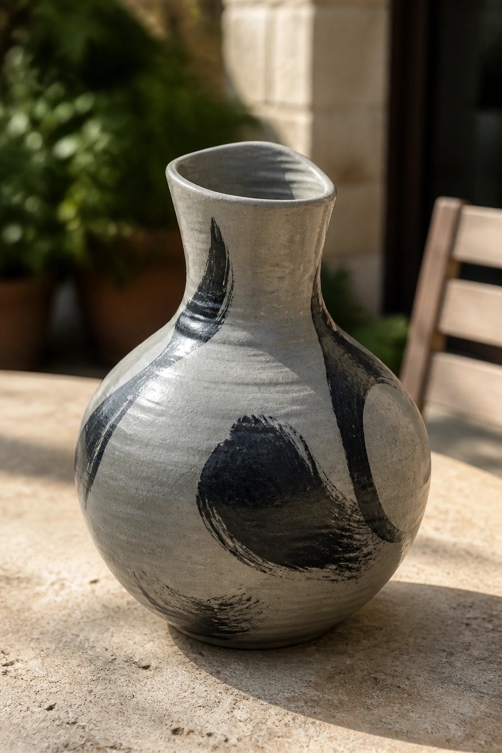 Gray ceramic vase with bold black brushstrokes on stone outdoor table