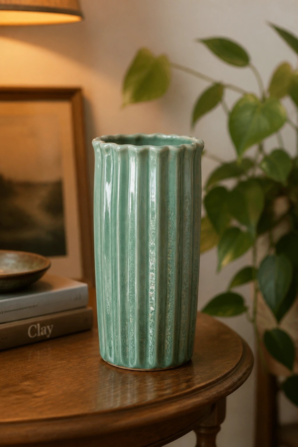 A tall mint green ceramic vase with vertical ridges and a scalloped rim sits on a wooden table.