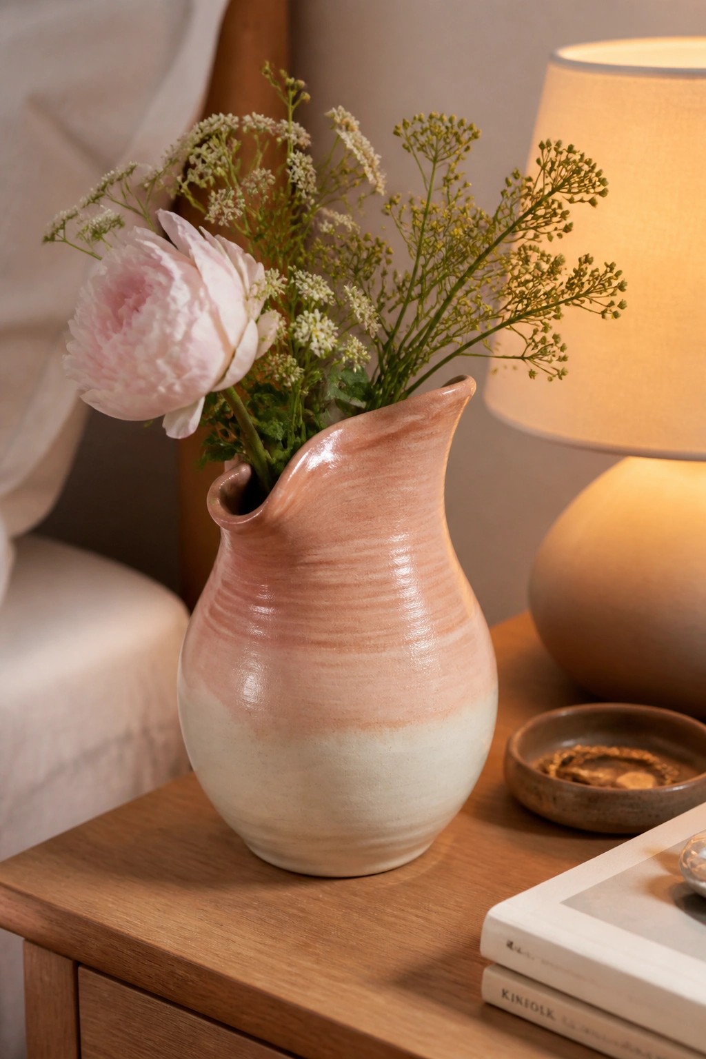 Pink ceramic pitcher with peony and wildflowers on wooden table beside lit lamp