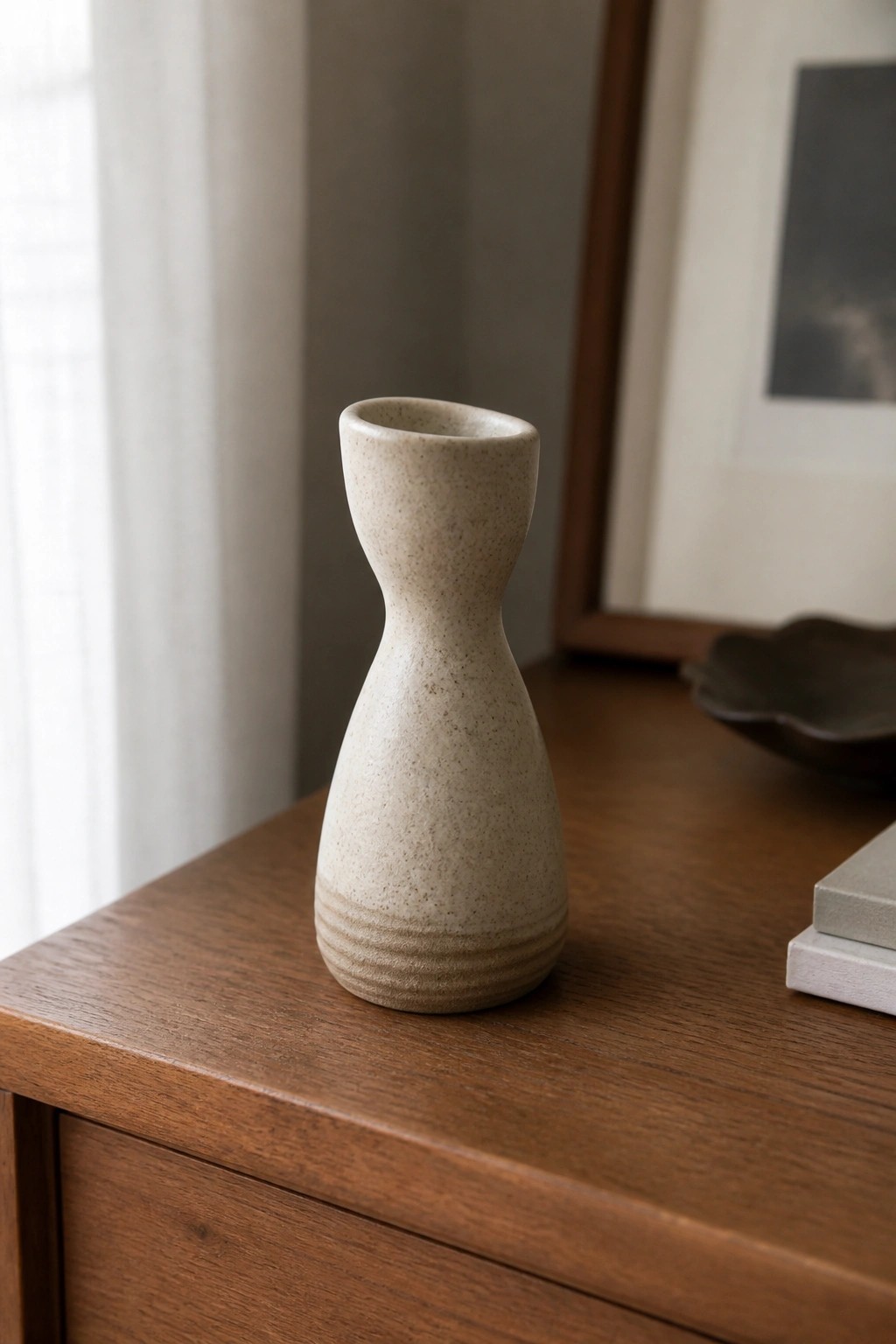 Beige speckled ceramic vase with curved neck on wooden table surface