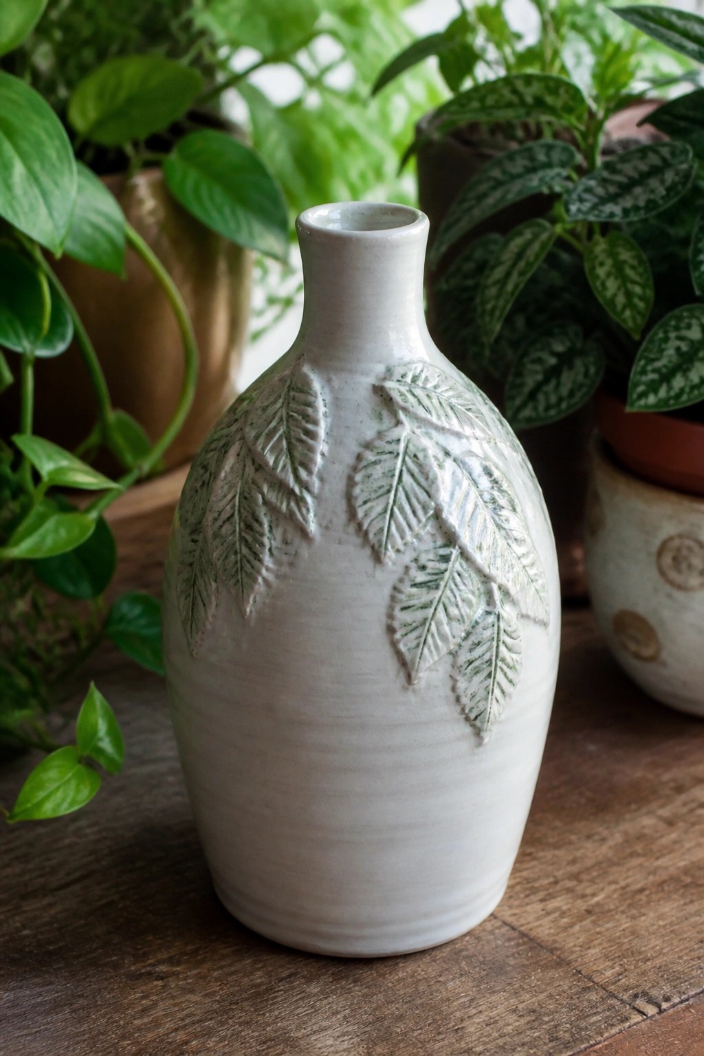 White ceramic vase with embossed green leaves on wooden table amid plants.