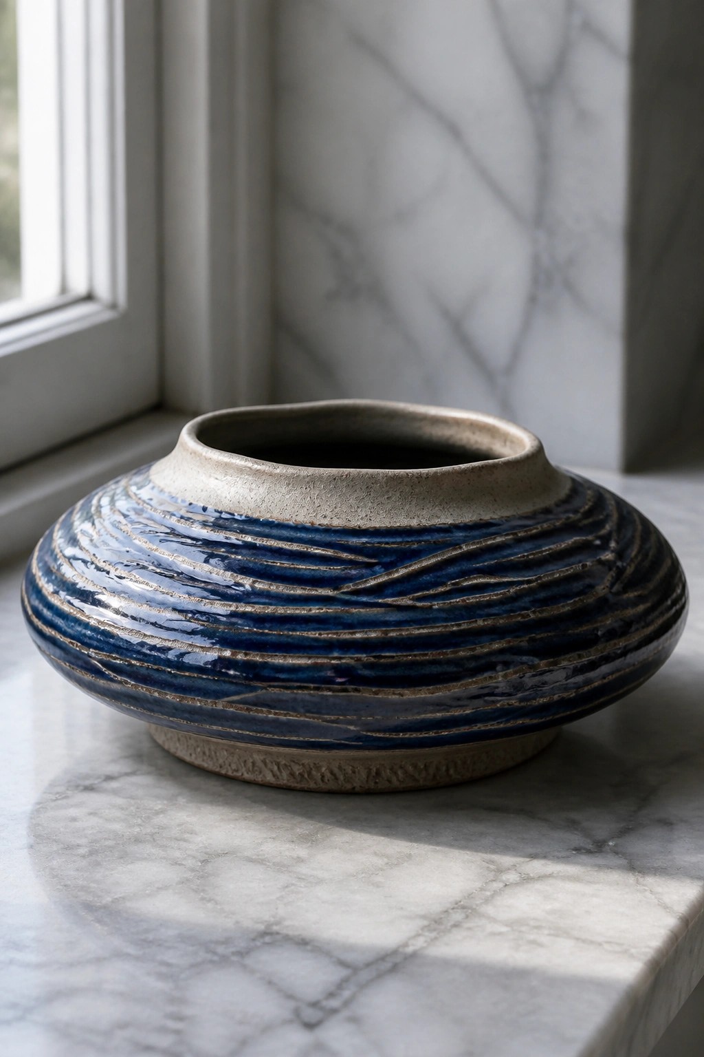 Blue ceramic bowl with horizontal ridges on white marble by window