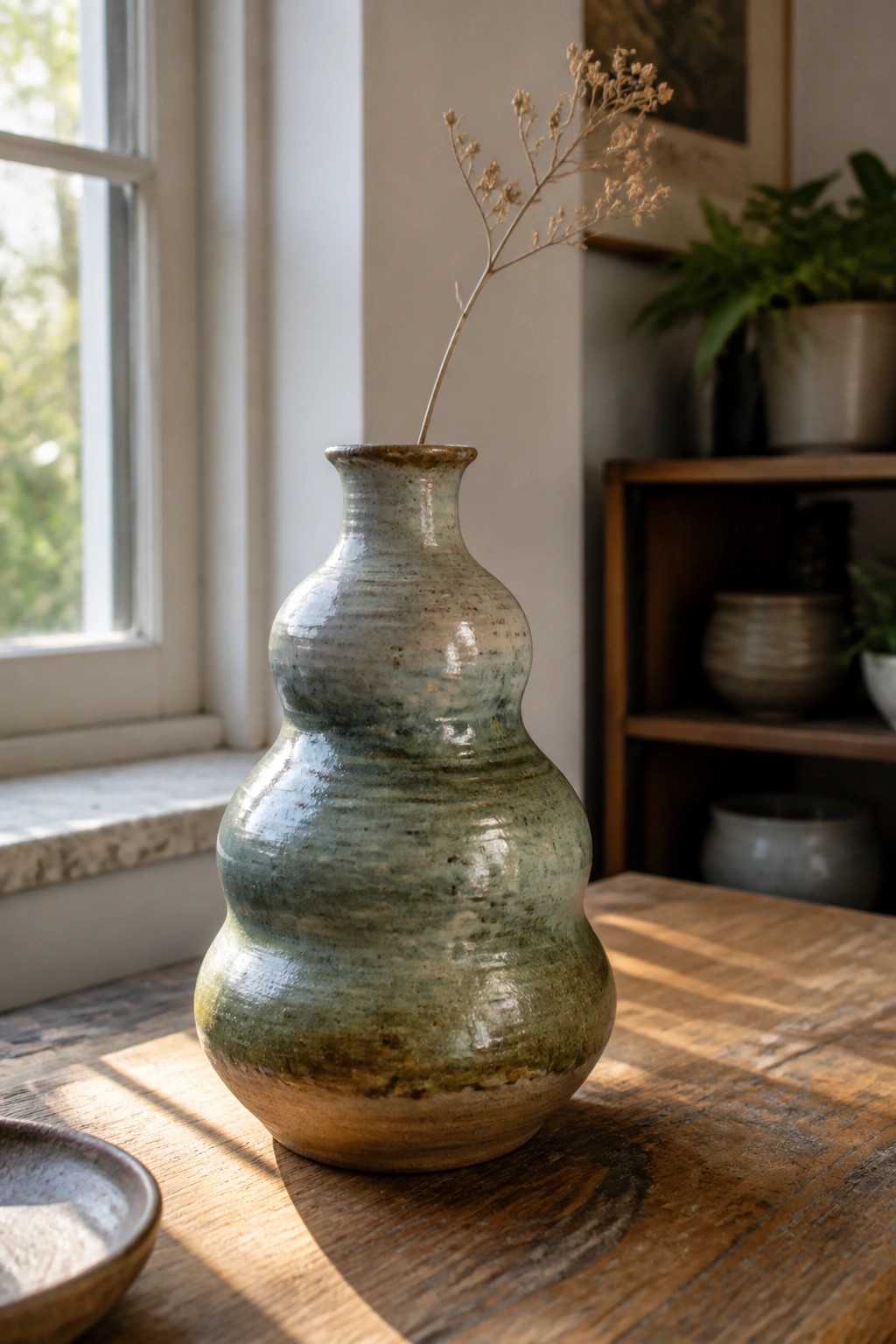 A handmade ceramic vase with three stacked rounded sections and a green-brown glaze sits on a wooden table holding a dried plant stem.