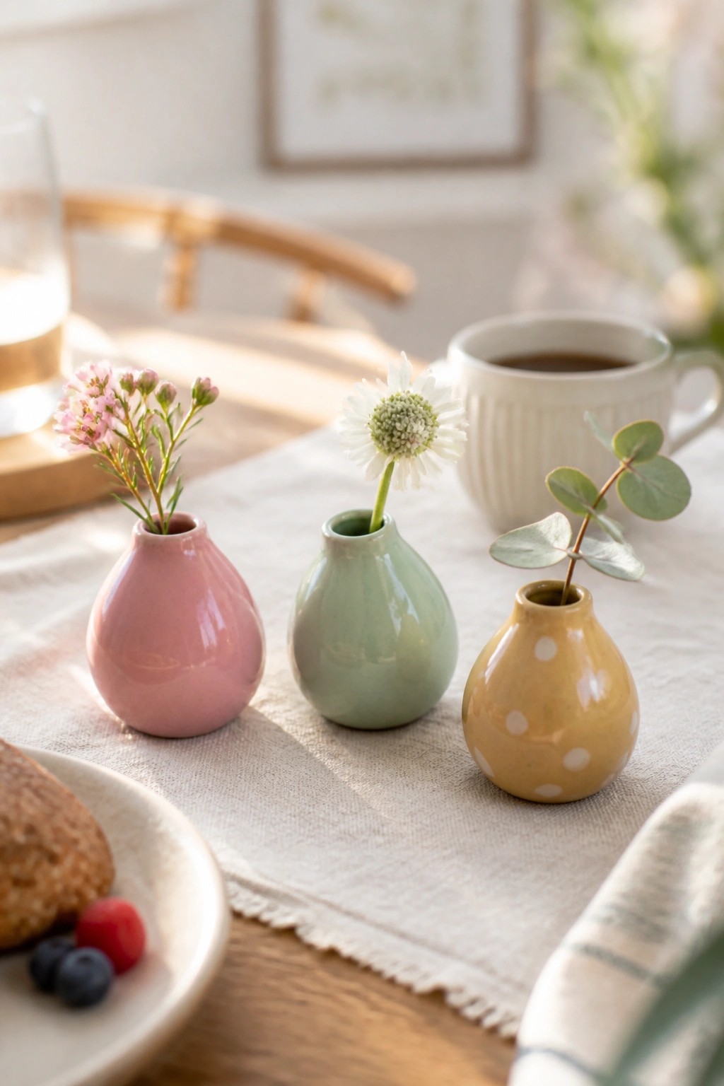 Three colorful ceramic vases with flowers on linen beside coffee cup and plate.