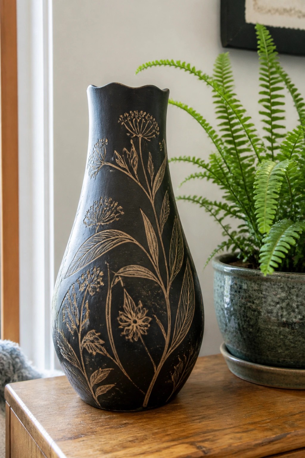 Black vase with gold floral engravings beside potted fern on wooden table.