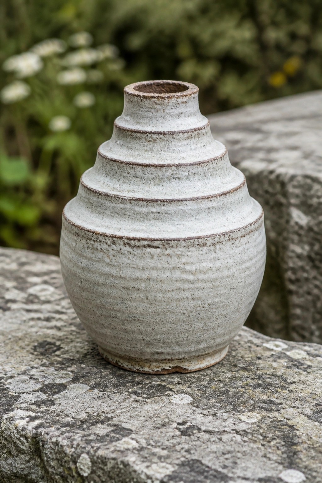 Rustic light gray ceramic vase with ridged texture on rough stone ledge
