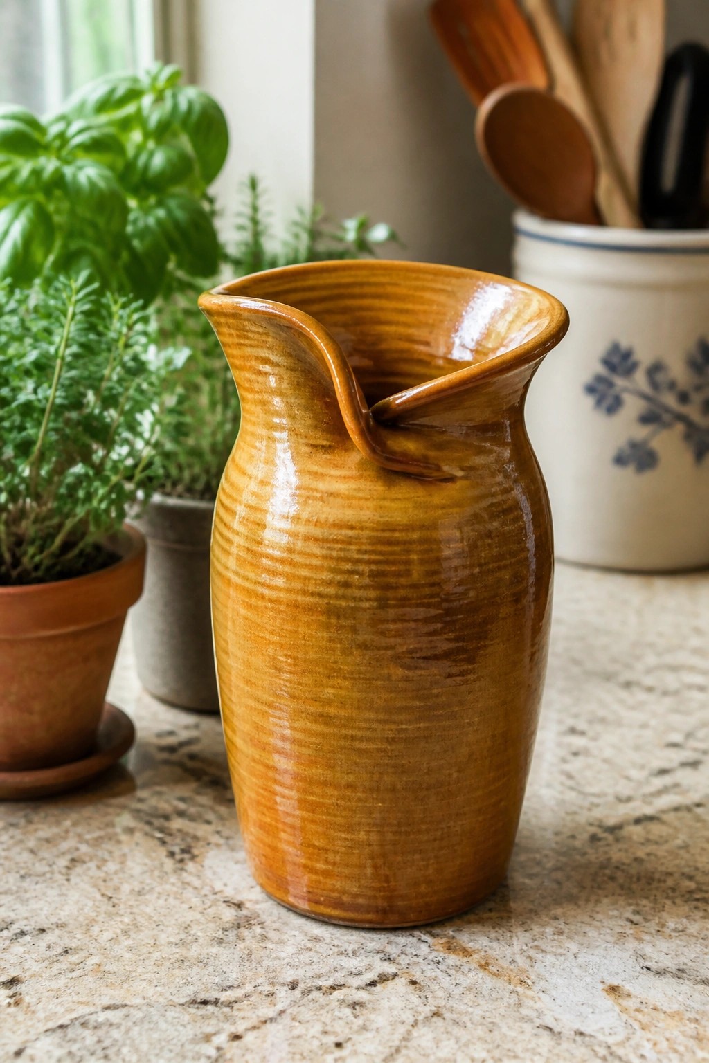 Brown ribbed ceramic pitcher on marble counter with potted herbs and utensils.