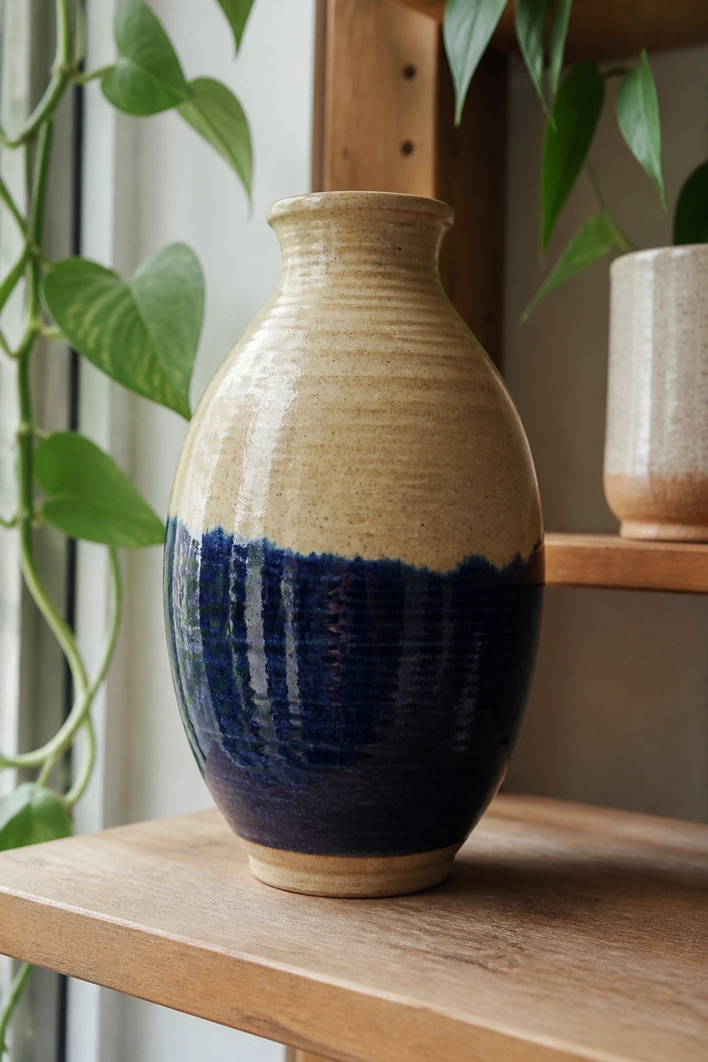 Beige and blue glazed ceramic vase on wooden shelf with green plants